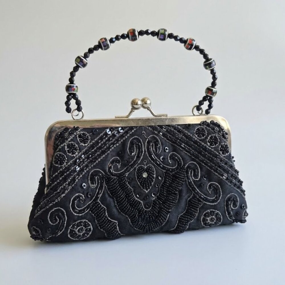 Vintage Art Deco Style Black Beaded Evening Clutch Bag with Unique Multi-Color H